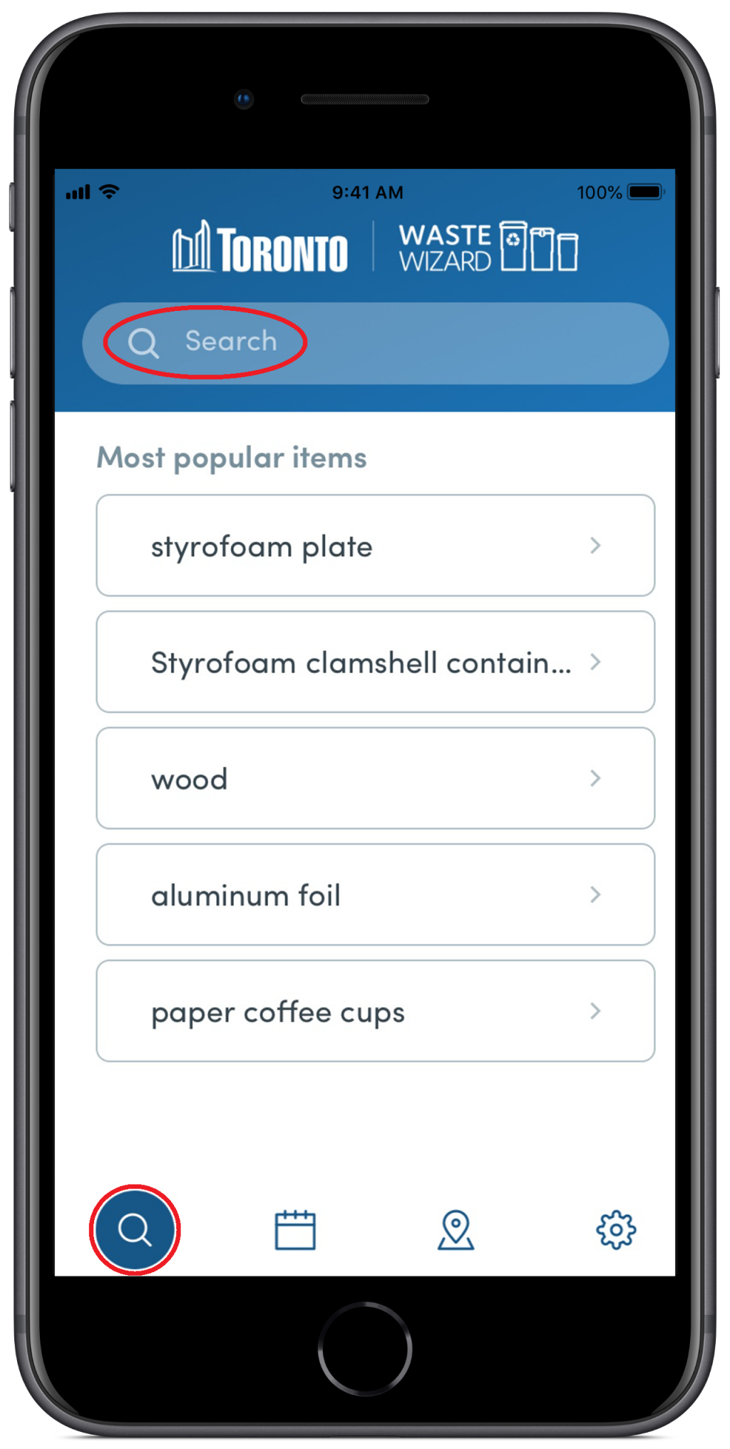 Waste Wizard app page displaying the most popular items and a search field. Red circles highlight the search field and icon that corresponds to the Waste Wizard section of the app.