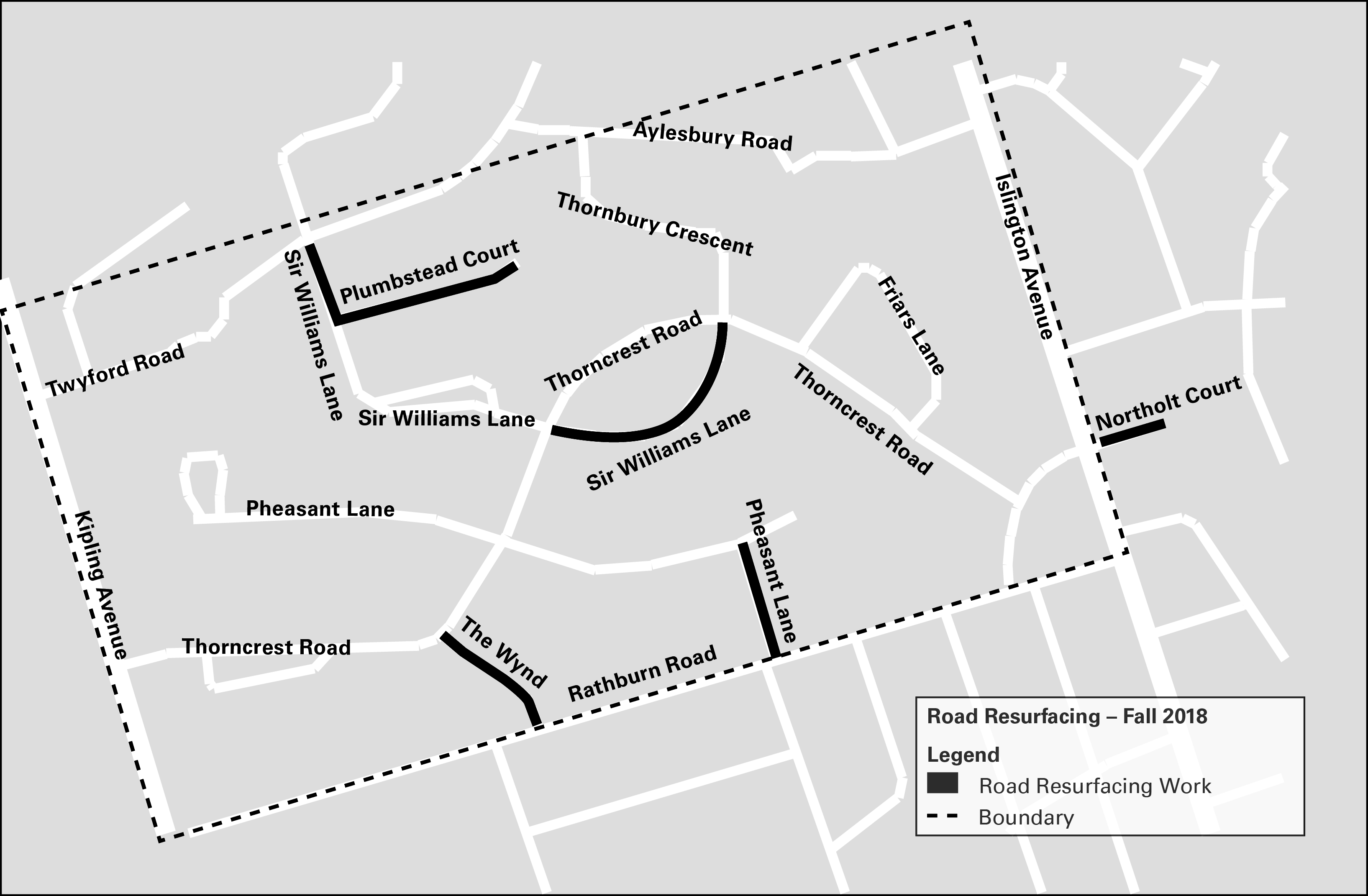The following roads will be resurfaced this fall (see map below): Plumbstead Court - Sir Williams Lane to Plumbstead Court Cul-De-Sac , Pheasant Lane - Rathburn Road to Pheasant Lane , The Wynd - Rathburn Road to Thorncrest Road, Northolt Court - Islington Avenue to Northolt Court Cul-De-Sac, Sir Williams Lane -Twyford Road to Plumbstead Court , Sir Williams Lane - Thorncrest Road to Thorncrest Road