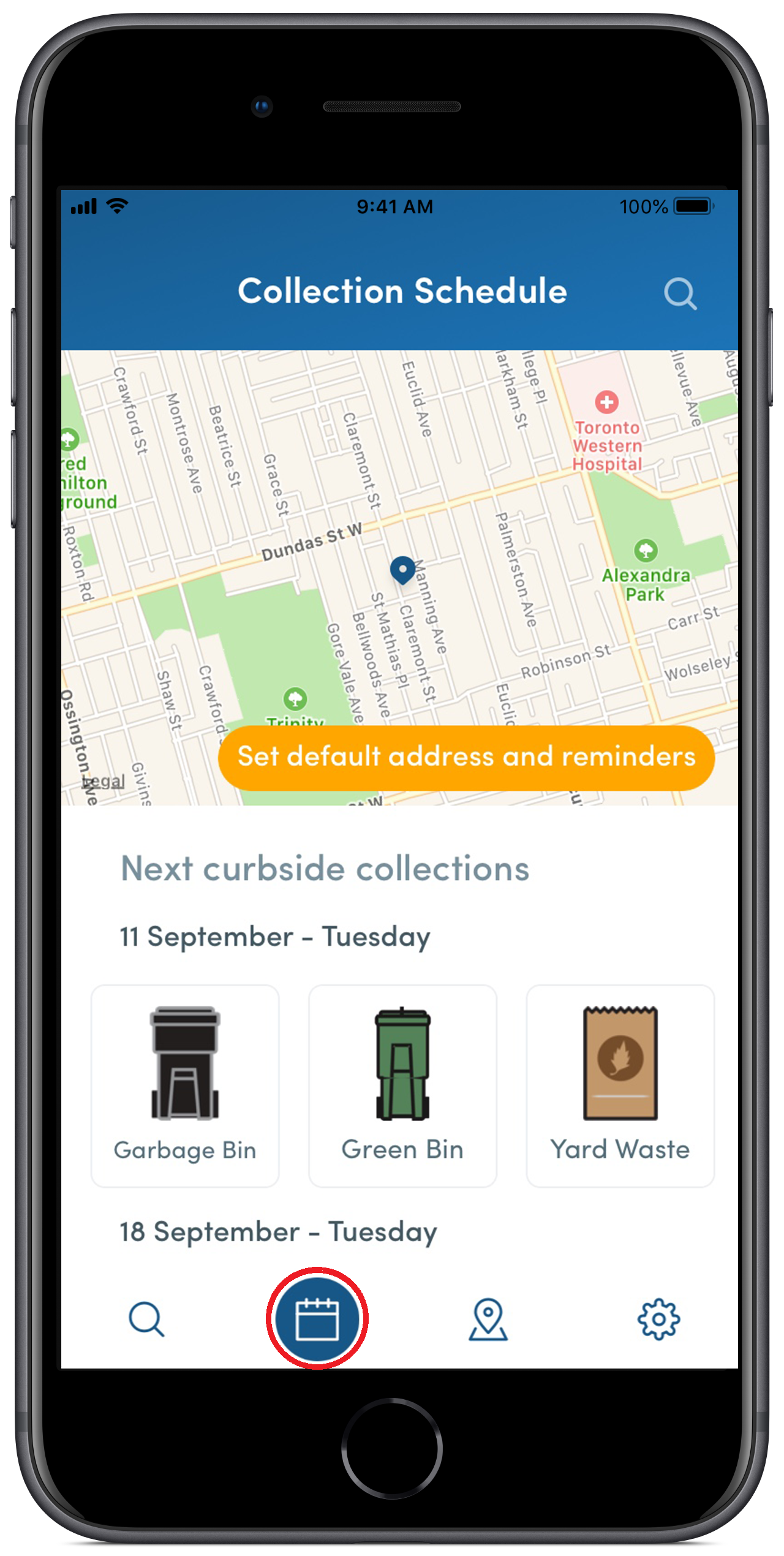 Phone displaying one of the Collection Schedule page on the TOwaste app. A red circle highlights the calendar icon in the app navigation that corresponds to the Collection Schedule page.