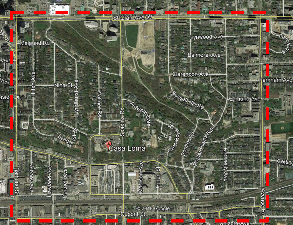 Study area map of the Casa Loma study. The boundaries include Bathurst St, St. Clair Ave W, Avenue Rd and Dupont St