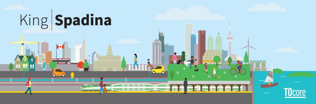 King Spadina and TOcore graphic with cityscape