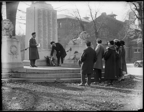 Italians laying wreath at Sons of England Memorial, University Avenue and Elm Street