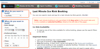 This screenshot shows the screen in which a user will interact with while choosing a space to book. Areas are highlighted and numbered to correspond with the list in step 2: narrow down your choices