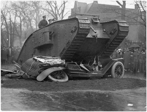 Tank crushing car in Victory Bond drive, University Avenue