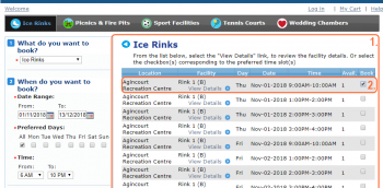 This is a screenshot that depicts the user's experience with selecting a space to book. Areas are circled and numbered to correspond with the list under step 3: choose your booking