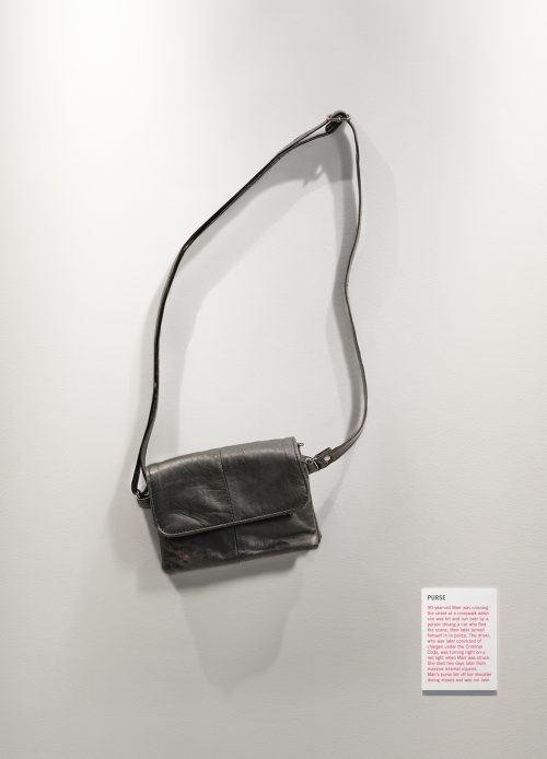 A small purse with straps is mounted on the wall like an exhibit in an art gallery.