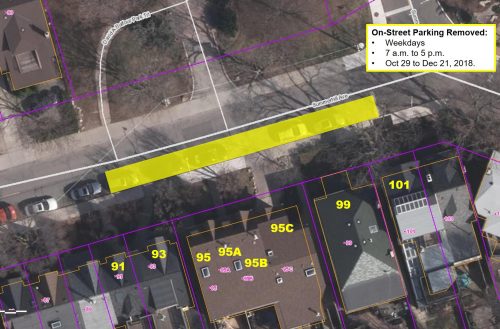 Rosehill Reservoir: A map of Summerhill Avenue on-street parking restrictions during the daytime from 91 Summerhill Avenue to 101 Summerhill Avenue to allow large trucks to turn into the park to the Valve House