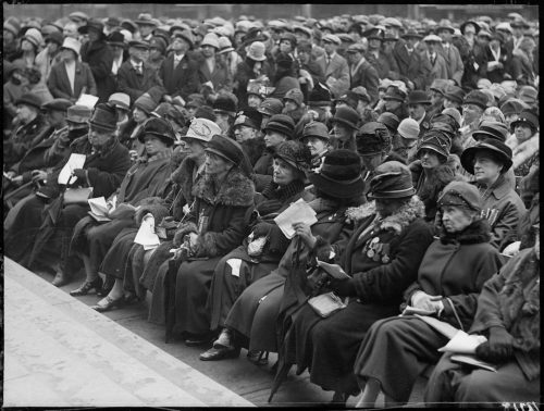 Group of First World War widows seated at Old City Hall cenotaph unveiling ceremony