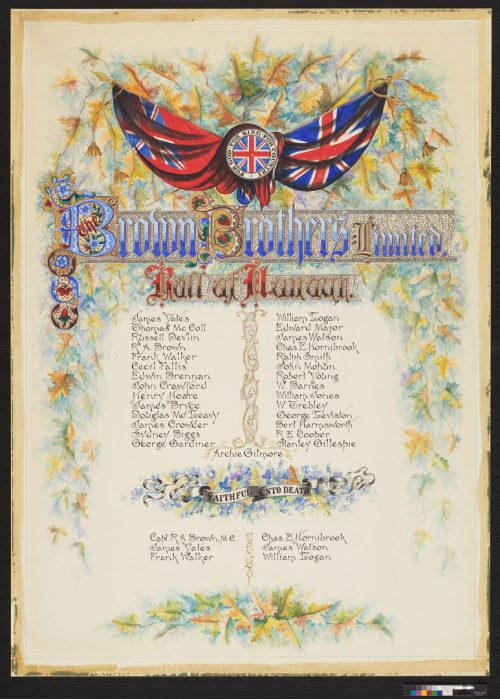 Illuminate manuscript illustrating names of employees of Brown Bros. who enlisted during the First World War
