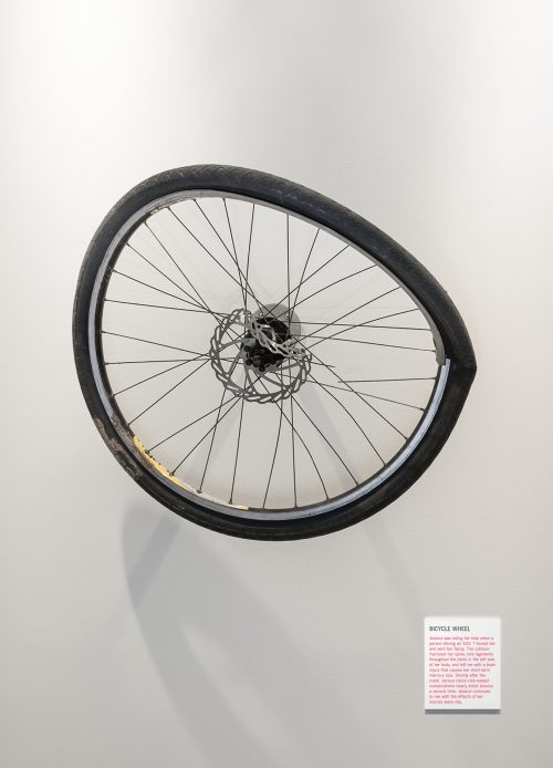 A crushed-up bicycle wheel is mounted on the wall like an exhibit in an art gallery.