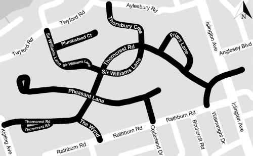 Map of Thorncrest Village, between Islington Kipling Rathburn and Plumbstead Court
