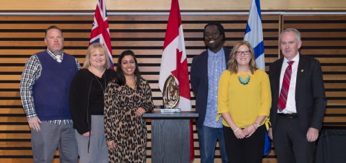 Leadership category award winners for the Criminal Justice Pathways Project. From left to right: Craig Milson, Alison Dasneves, Sherry Kamali, Jabari Lindsay, Shari Janes-Olmstead, Chris Murray (City Manager).