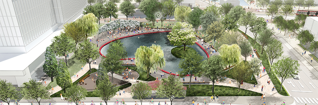 Render showcases the heart-shaped pond, surrounded by trees.