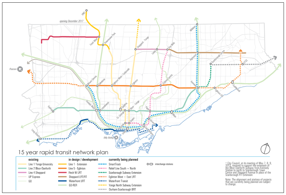 Map illustrating Toronto's 15 Year Rapid Transit Network Plan