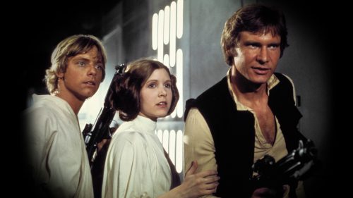 Still from Star Wars: A New Hope, Mark Hamill, Carrie Fisher, and Harrison Ford / Like Skywalker, Princess Leia, Han Solo.