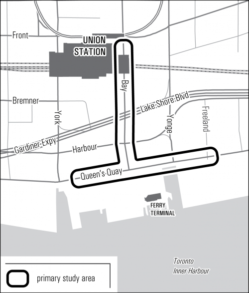The study area of the Union Queens Quay link extends from Union Station along Bay Street to Queens Quay. The link then extends along Queens Quay from just east of York Street to just east of Freeland St