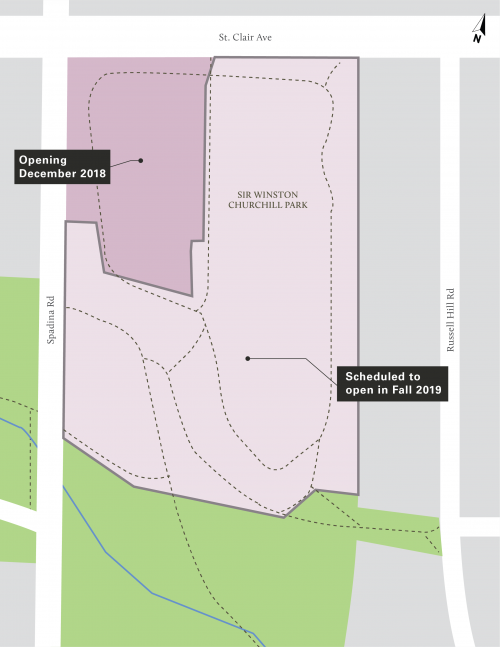 The northwest part of the park will re-open in December 2018,, south of St. Clair Ave., at Spadina Road. The remainder of the park is scheduled to open in Fall 2019.