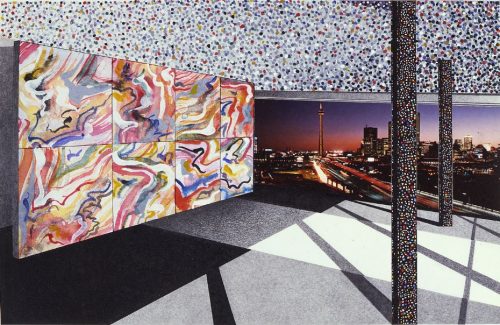 Illustration. Abstract art, multi colour - Cityscape in background.