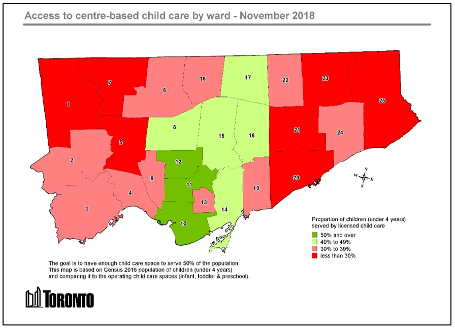 Map of the city showing the proportion of children, 0 to 4 years old, who are served by licensed child care