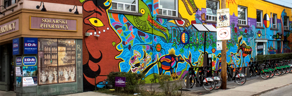 Colourful mural image located in Roncesvalles neighbourhood