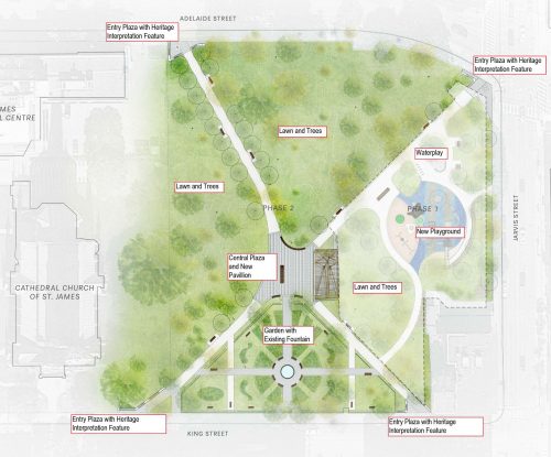Phase two site plan showing updated entry plazas and new central plaza and pavilion of St. James Park