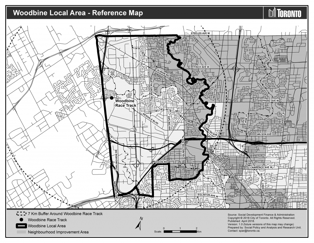 Map showing the Woodbine race track, the boundaries of the Woodbine area and the Neighbourhood Improvement Area that partially overlaps some of the Woodbine area.