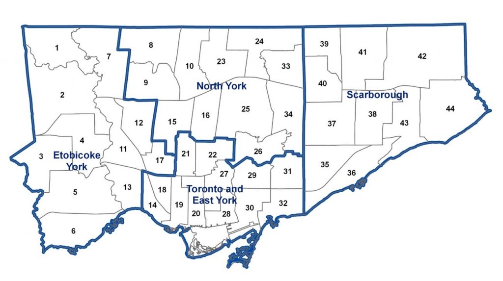 Map showing the location of the former 44-Wards (2014-2018 term of City Council) and the former Community Council Areas (2014-2018 term of City Council)