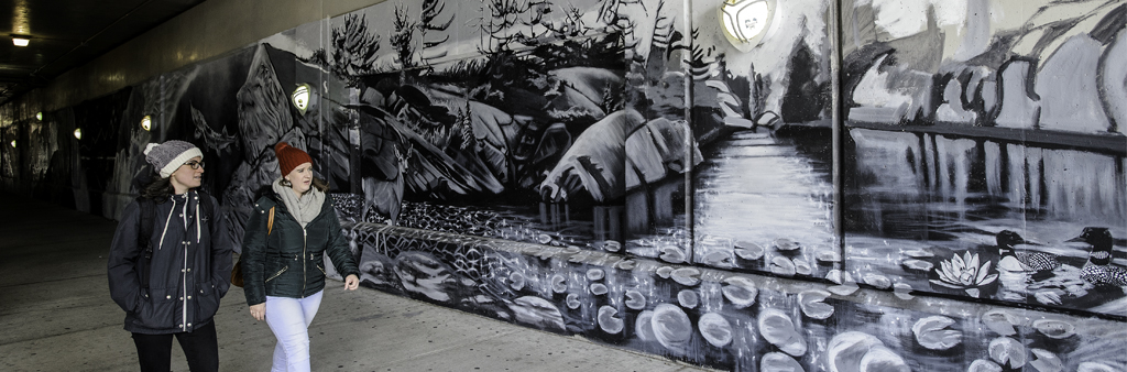 black and white mural at Simcoe underpass