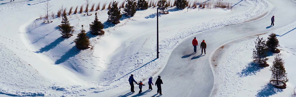 A bird's eye view of people skating on a skate trail in a Toronto park.