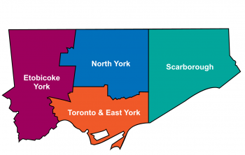 2019 Toronto District Boundaries - A multi-coloured map showing the different district boundaries within the City of Toronto