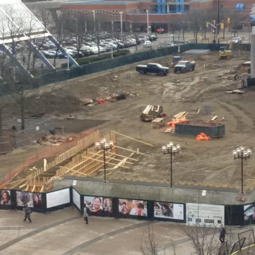 A photo showing the empty space and construction zone at Albert Cambell Park