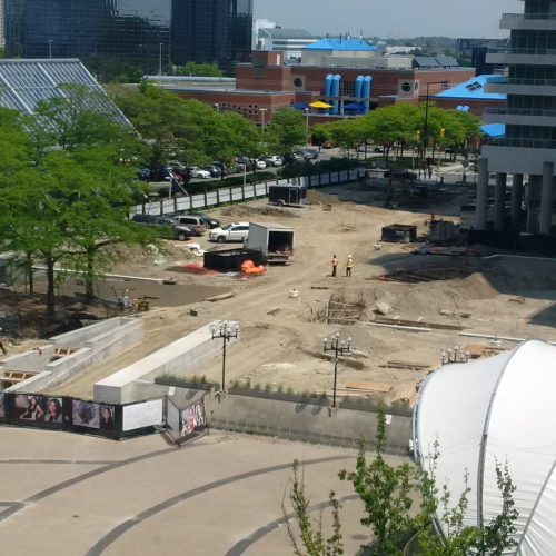 A photo showing the empty space and construction zone at Albert Cambell Park