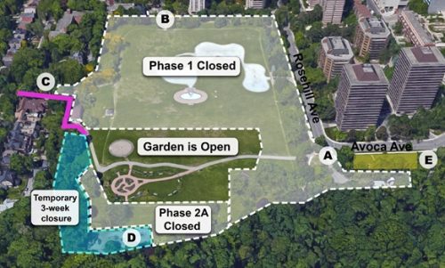 Aerial map of Rosehill Reservoir and David A Balfour Park showing the areas closed for Phase 1 and 2A, as well as a portion near the playground for a temporary three week closure. Access to the Garden via Summerhill Avenue will be open in Phase 2A until late July. Phase 2B starts in August to December, 2019 and results in a full park closure.