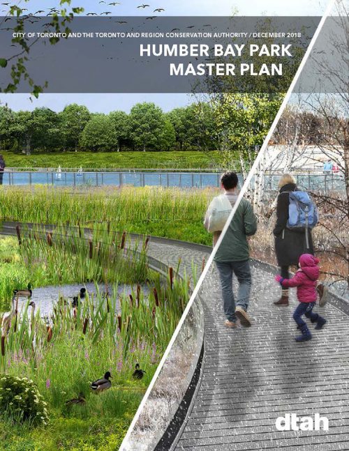 Front cover of the 2019 Humber Bay Park Master Plan depicting a couple with a small child walking along a boardwalk through a marsh area in both Summer and Winter