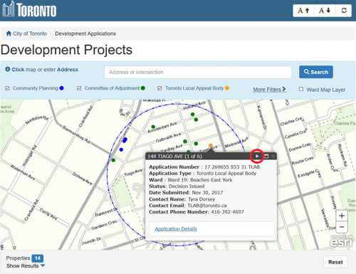 Screen capture showing high-level information about a selected application. Fields include: Application Number, Application Type, Ward, Status, Date Submitted, Contact Name, Email, and Phone Number