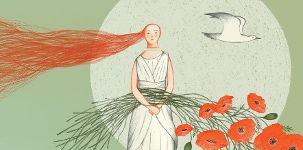 Photo info: Wedding At Aulis. Illustration - green background, woman with long hair. flowers and bird.
