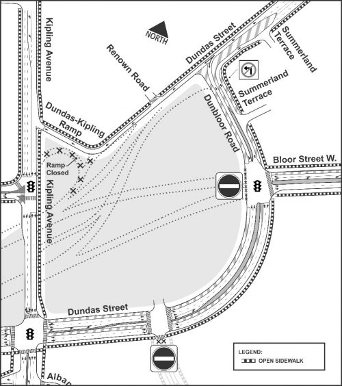 Motorists travelling on new/existing Dundas Street West can: •Travel east on Dundas Street West via Dunbloor Road • Travel east on Bloor Street West • Travel south on Dunbloor Road to Bloor Street AND continue south on the new Dundas Street West to access Kipling Avenue • Access northbound Kipling via the Dundas-Kipling ramp Motorists travelling on Dunbloor Road can: • Travel east or southwest on Dundas Street West • Travel east on Bloor Street West Motorists travelling on Bloor Street West can: • Travel north on Dunbloor Road and continue east on Dundas Street West • Travel south on Dundas Street West and re-join Bloor Street West via Aukland Road. Please contact the Field Ambassador 416-338-7755 or at etobicokecentre@toronto.ca for more information