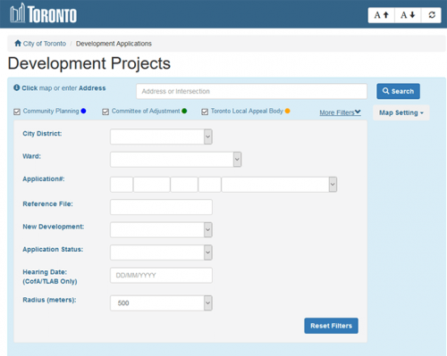 Screen capture showing the various search options available to limit search results for Development Applications. 