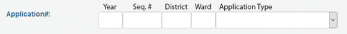 Screen capture showing the various advanced search options for searching by Application Number. Input fields include: Year, Sequence Number, District, Ward, Application Type