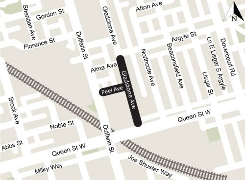 Peel Avenue and Gladstone Avenue (from Queen Street West to Argyle Street) will be in the construction zone.