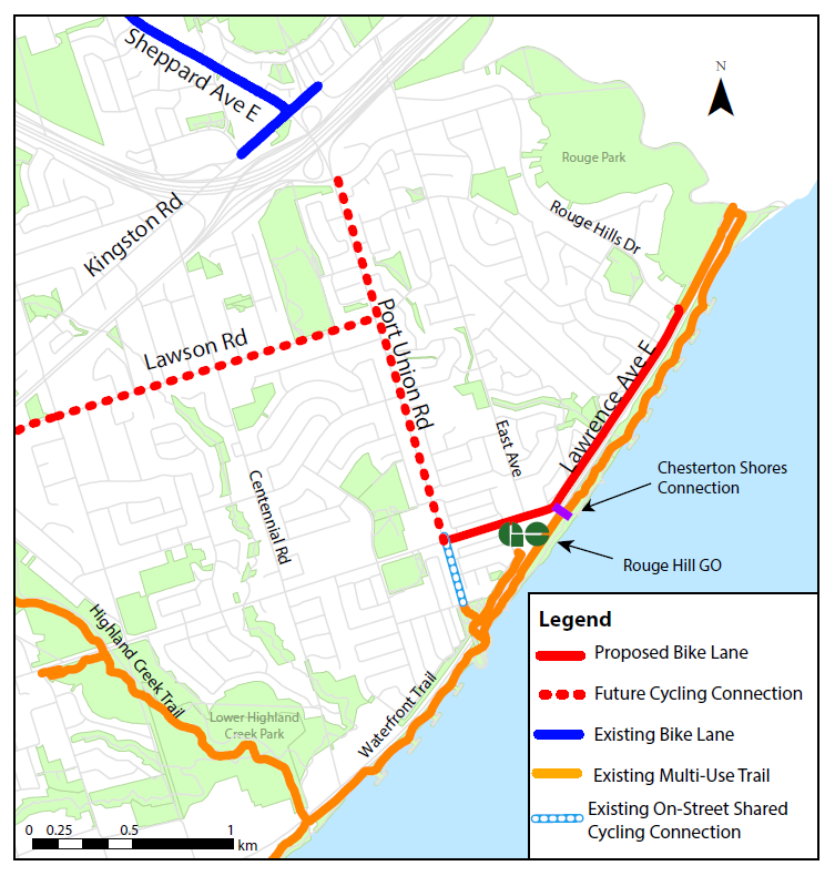 The bike lane travels eastbound and westbound bike lanes on Lawrence Ave E between Port Union Rd and Rouge Hills Dr. 