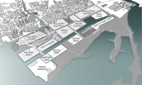 Map of the Port Lands districts and precincts. The map shows the location of Media City, Turning Basin District, Warehouse District, East Port, South Port East, Maritime Hub, South Port, South River, Villiers Island, Polson Quay, McCleary District and Ports Toronto.