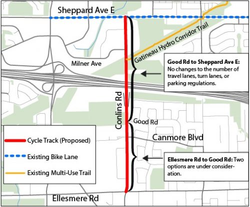 Proposed track stretches from Ellesmere Rd to Sheppard Ave E where it connects to the Sheppard Ave Bike Lane and the Gatineau Hydro Corridor multi-use trail