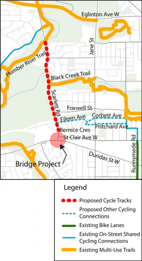 Map of bike lane (cycle track) along Scarlett Road from the Humber River to just north St. Clair Avenue at Bernice Crescent. Options for cycling connections to Scarlett Road being considered for the future include Eileen Avenue to Pritchard Avenue or Eileen Avenue to Corbett Avenue. 