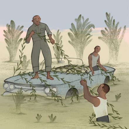 Photo info: The Brothers Size. 3 men, in car sinking in water - surrounded by trees (illustration)