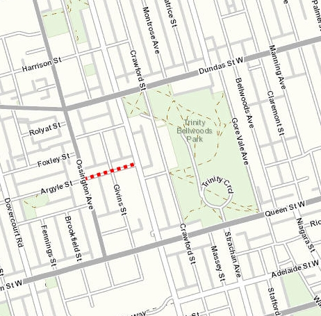 Argyle Bikeway project area from Ossington Avenue to Shaw Street