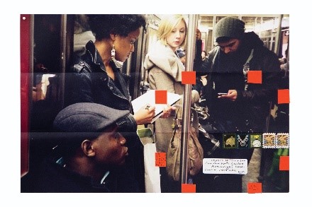 Photo info/credit: Moyra Davey, Subway Writers (detail), 2011/2014, 75 chromogenic prints, tape, postage, ink. Courtesy the artist; Galerie Buchholz, Berlin/Cologne/New York; and greengrassi, London