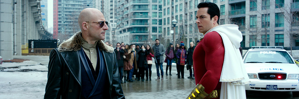 Actors Zachary Levi and Mark Strong in Shazam! scene.