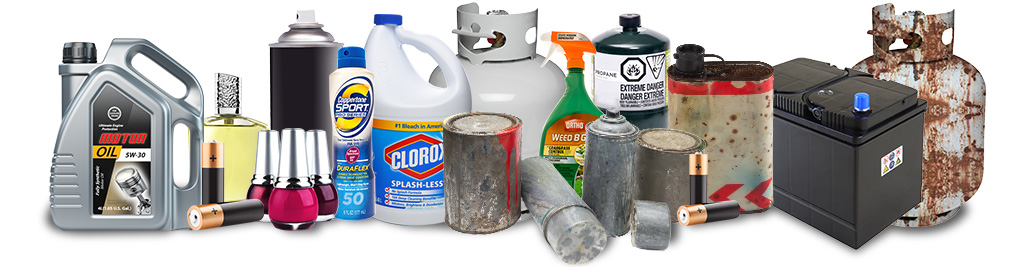 Collage of household hazardous waste items listed below.