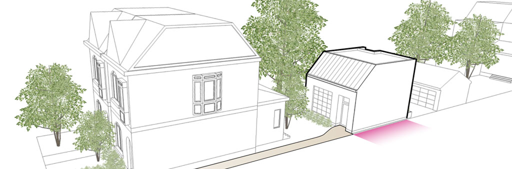 3D sketch of homes along a laneway, with trees between the homes.